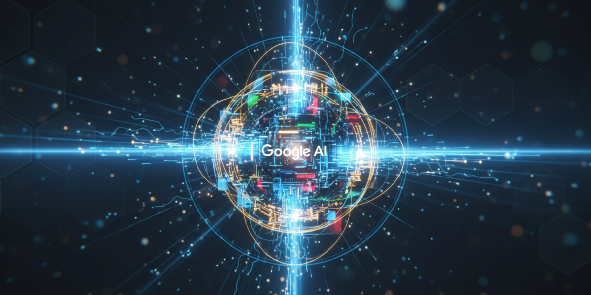 Conceptual illustration of the Google Gemma 4 open AI model, glowing with light in a premium tech setting.