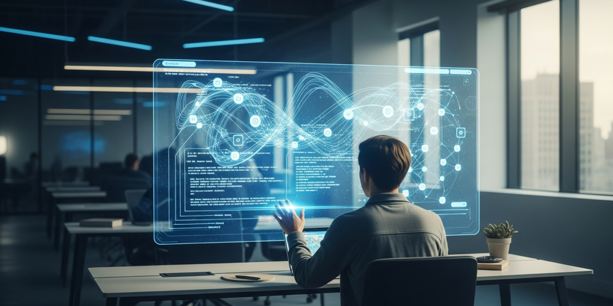A person interacting with a holographic interface displaying AI agent code in a modern workspace.