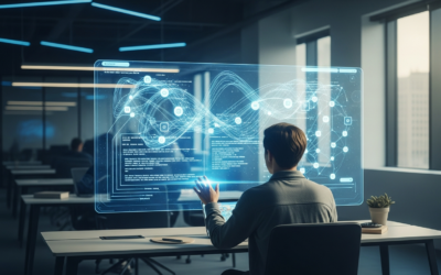 A person interacting with a holographic interface displaying AI agent code in a modern workspace.