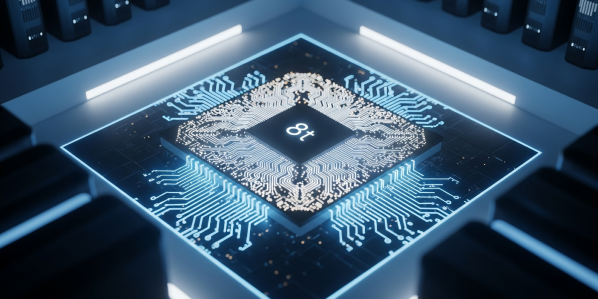 A close-up of a stylized, glowing Google TPU chip, likely the 8t or 8i, showcasing intricate circuitry within a futuristic data center setting.