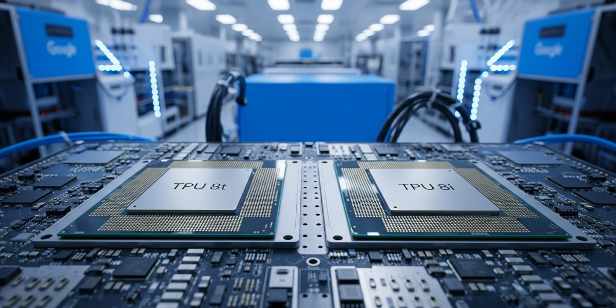 Two Google TPU chips on circuit boards in a modern semiconductor facility