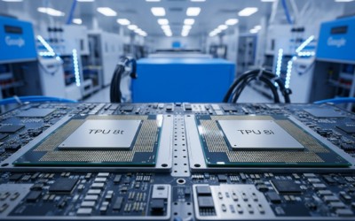 Two Google TPU chips on circuit boards in a modern semiconductor facility