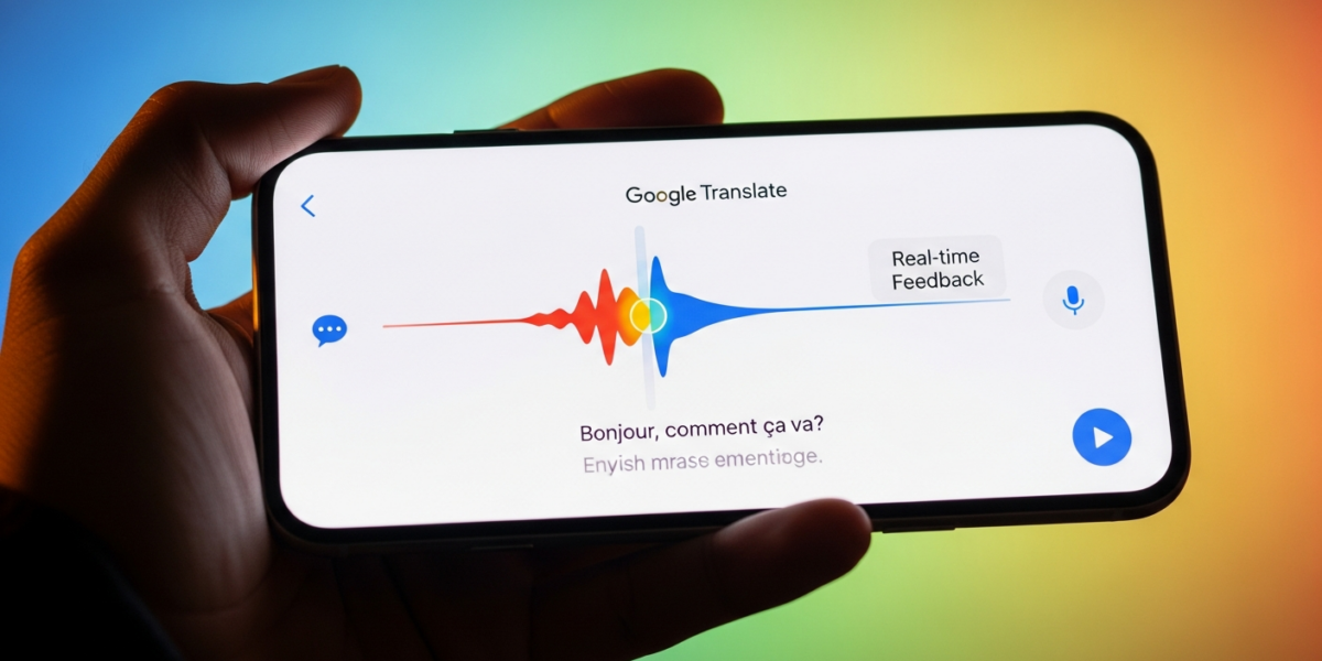 A hand holding a smartphone displaying the Google Translate app's new AI pronunciation practice feature with a waveform and feedback.