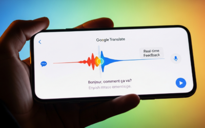 A hand holding a smartphone displaying the Google Translate app's new AI pronunciation practice feature with a waveform and feedback.