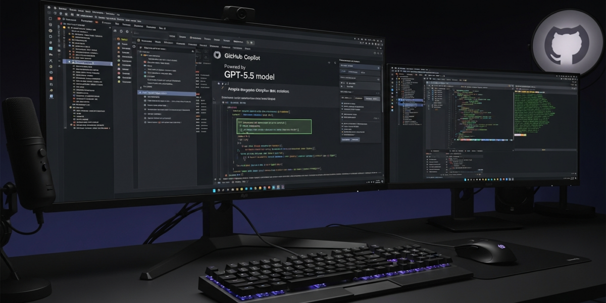 Modern developer workspace showing GitHub Copilot interface with GPT-5.5 providing coding assistance on multiple monitors