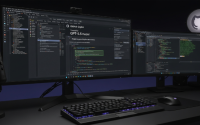 Modern developer workspace showing GitHub Copilot interface with GPT-5.5 providing coding assistance on multiple monitors