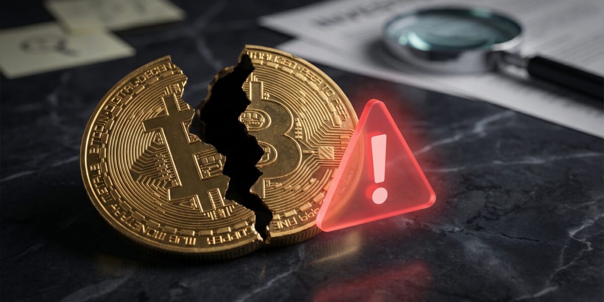 Cracked golden cryptocurrency coin revealing hollow darkness with red warning triangle - Grokarium investigation