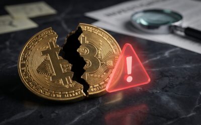 Cracked golden cryptocurrency coin revealing hollow darkness with red warning triangle - Grokarium investigation