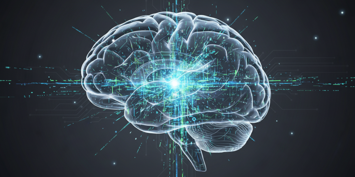 Conceptual illustration of a digital, data-filled brain highlighting the hippocampus region, representing Hippo AI's neuroscience-inspired memory system.