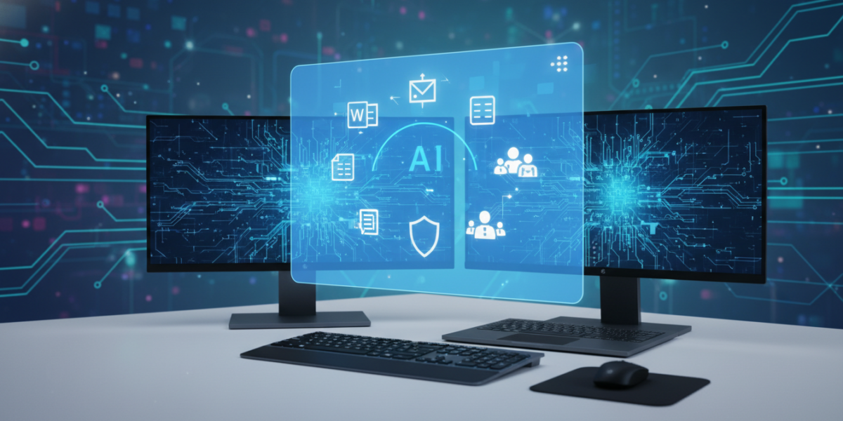 Editorial visual representing Microsoft's 78 Copilot tools in 2026, showing an AI interface hovering over a Windows workstation with icons for Office, development, and security apps.