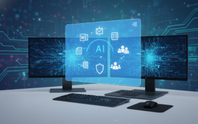 Editorial visual representing Microsoft's 78 Copilot tools in 2026, showing an AI interface hovering over a Windows workstation with icons for Office, development, and security apps.