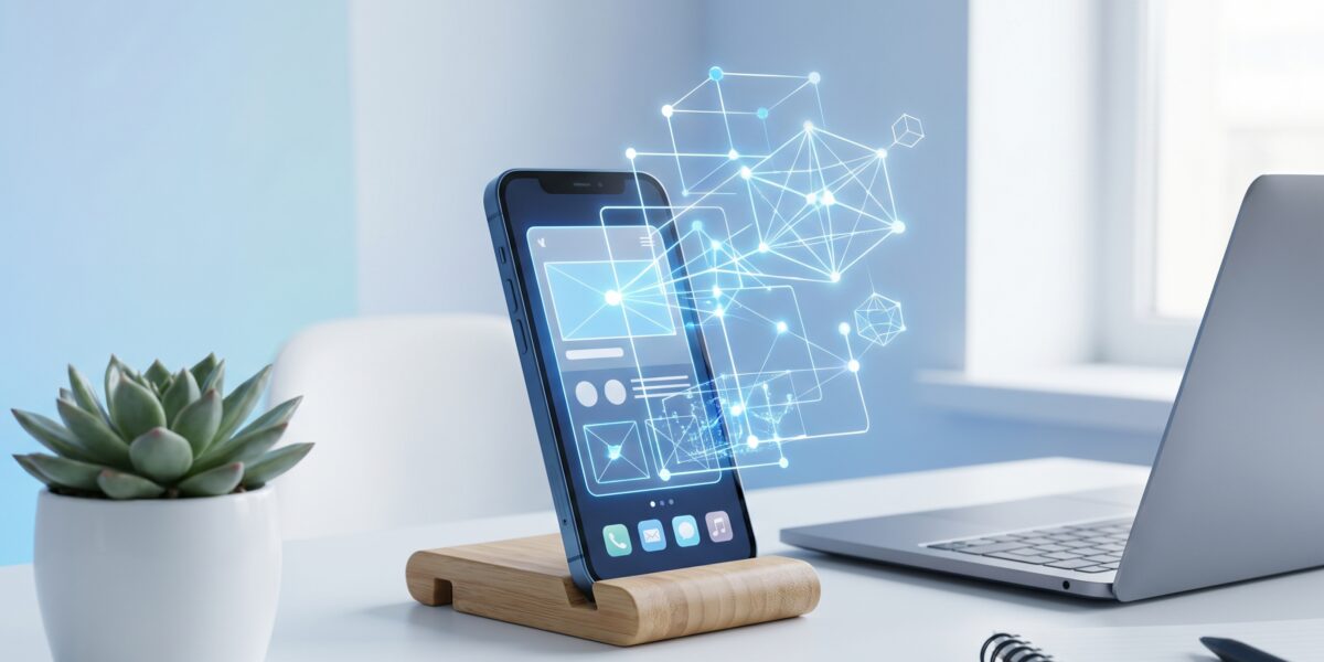 A smartphone showing a simple app interface being visually constructed by glowing AI lines on a modern desk.