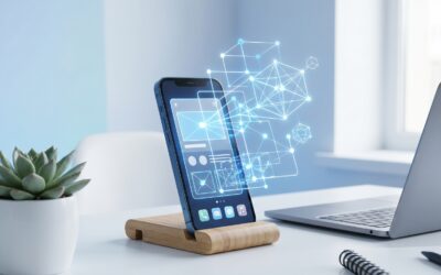 A smartphone showing a simple app interface being visually constructed by glowing AI lines on a modern desk.