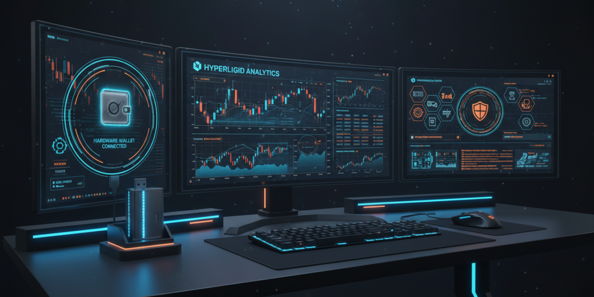 Secure Hyperliquid automated trading terminal with hardware wallet connection and multiple monitoring displays