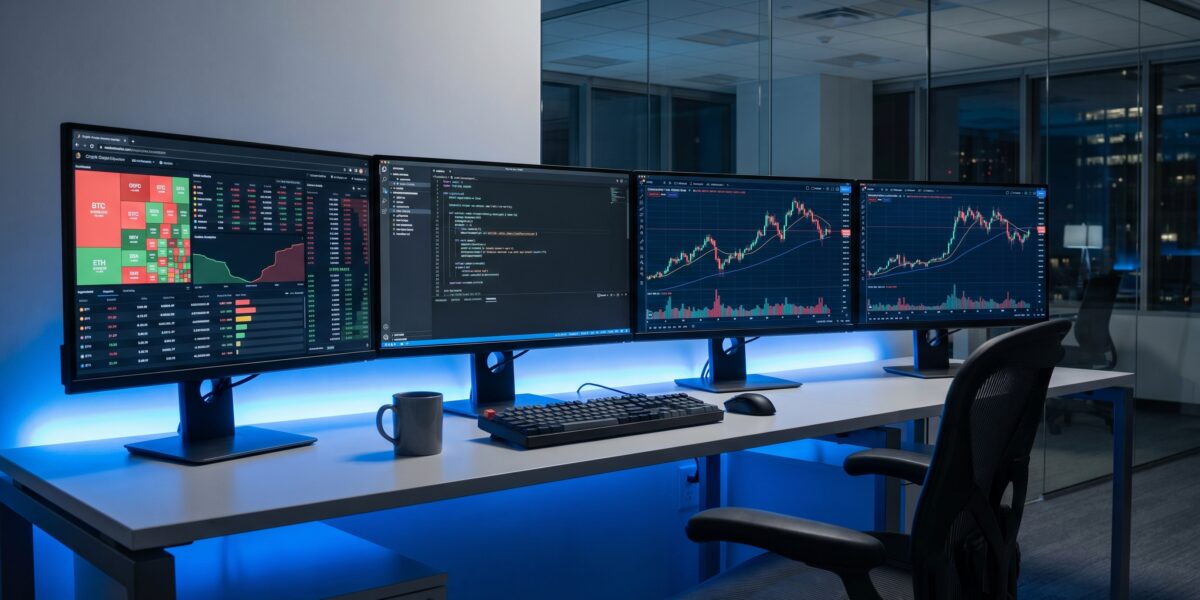 Professional crypto trading dashboard showing real-time analytics and market charts on multiple monitors