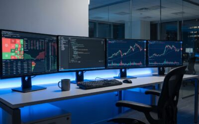Professional crypto trading dashboard showing real-time analytics and market charts on multiple monitors