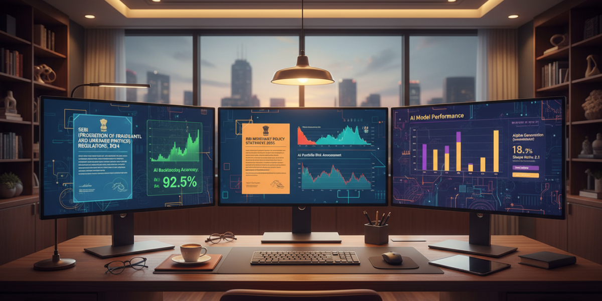 Modern financial research office displaying Indian regulatory documents and AI evaluation metrics on multiple screens