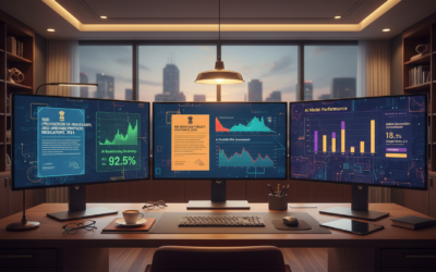 Modern financial research office displaying Indian regulatory documents and AI evaluation metrics on multiple screens