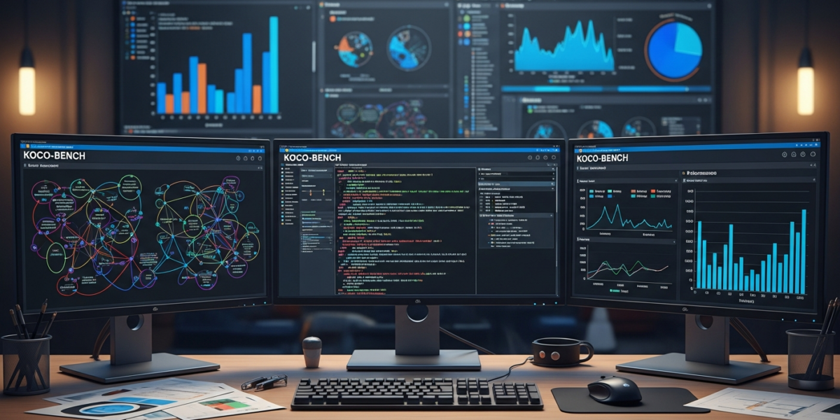 Research lab setup showing KOCO-BENCH benchmark evaluation displays with code generation and domain knowledge assessment metrics