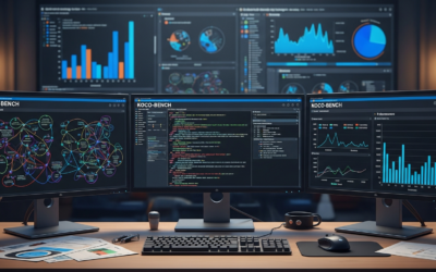 Research lab setup showing KOCO-BENCH benchmark evaluation displays with code generation and domain knowledge assessment metrics