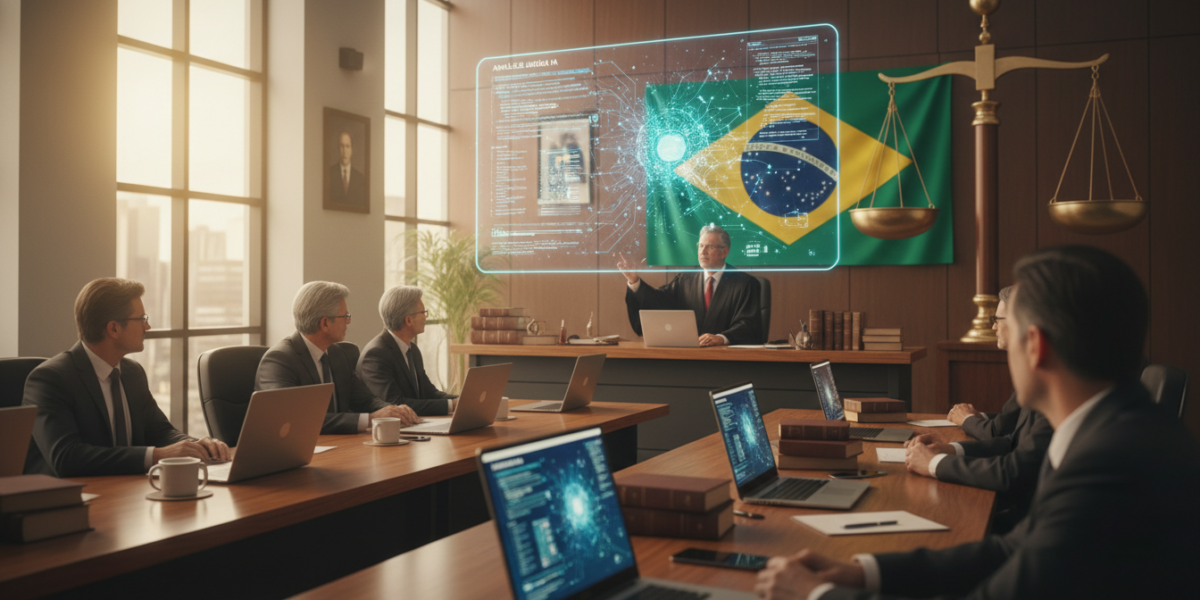 Brazilian courtroom with AI technology processing legal documents