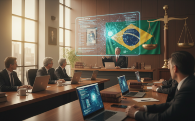 Brazilian courtroom with AI technology processing legal documents