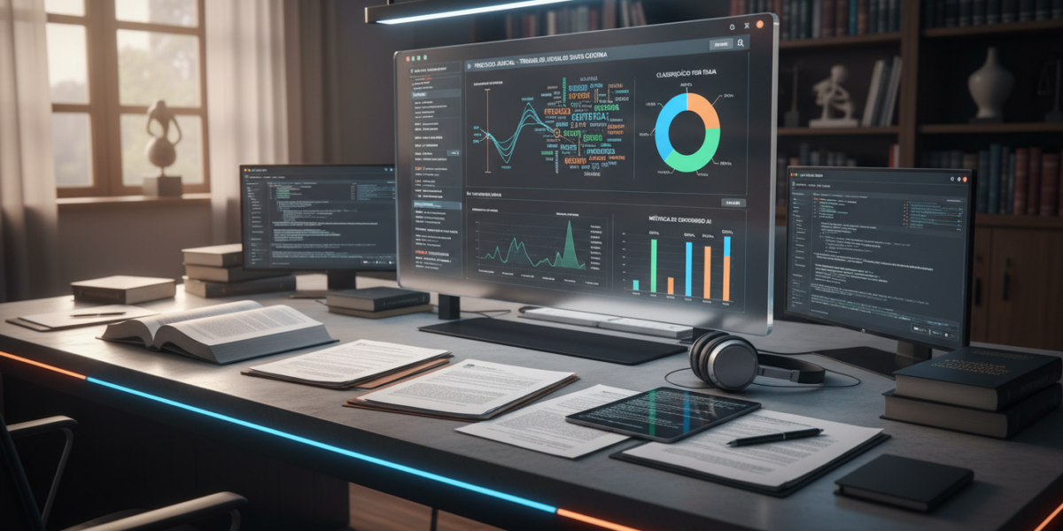 Brazilian legal documents and AI classification interface displays in a professional research setting