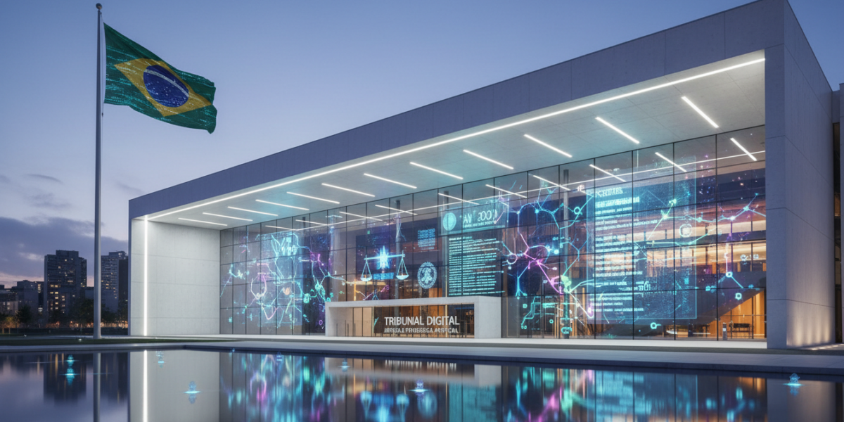 Brazilian courthouse with AI neural network overlay representing legal text classification technology