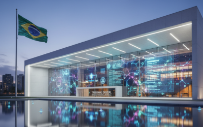 Brazilian courthouse with AI neural network overlay representing legal text classification technology