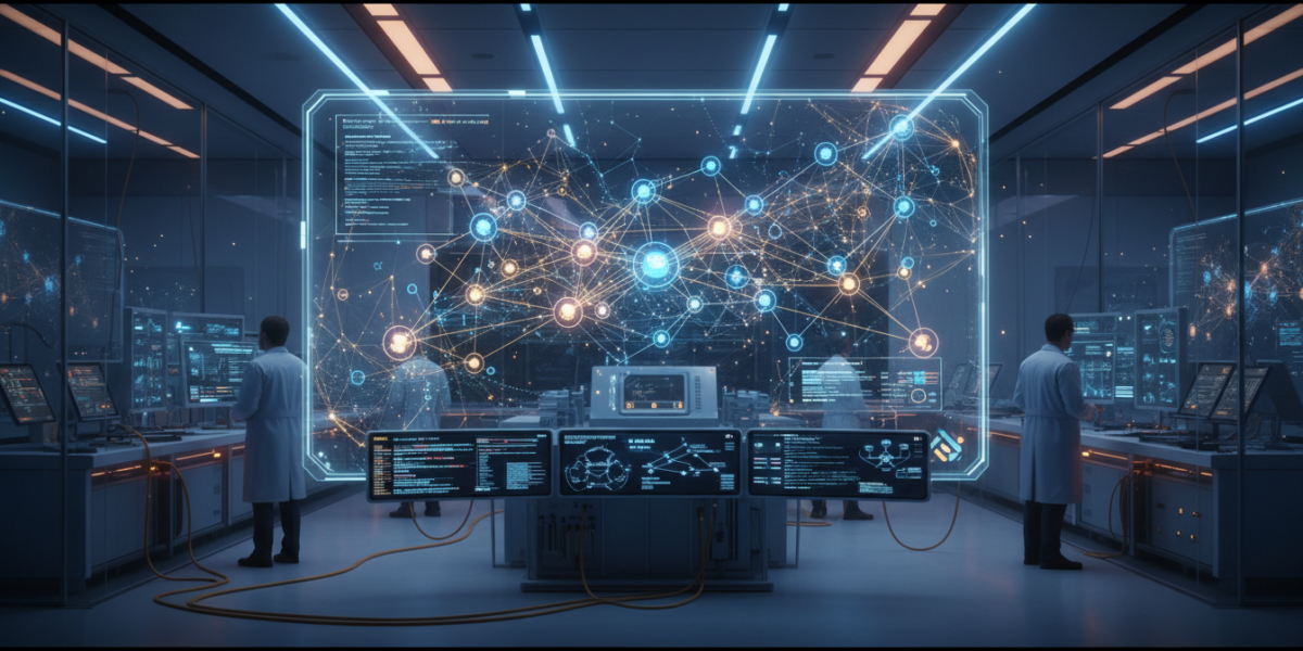 Knowledge graph visualization with AI processing elements in a modern research environment