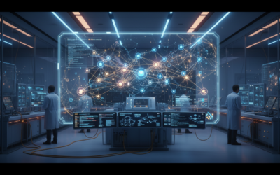 Knowledge graph visualization with AI processing elements in a modern research environment