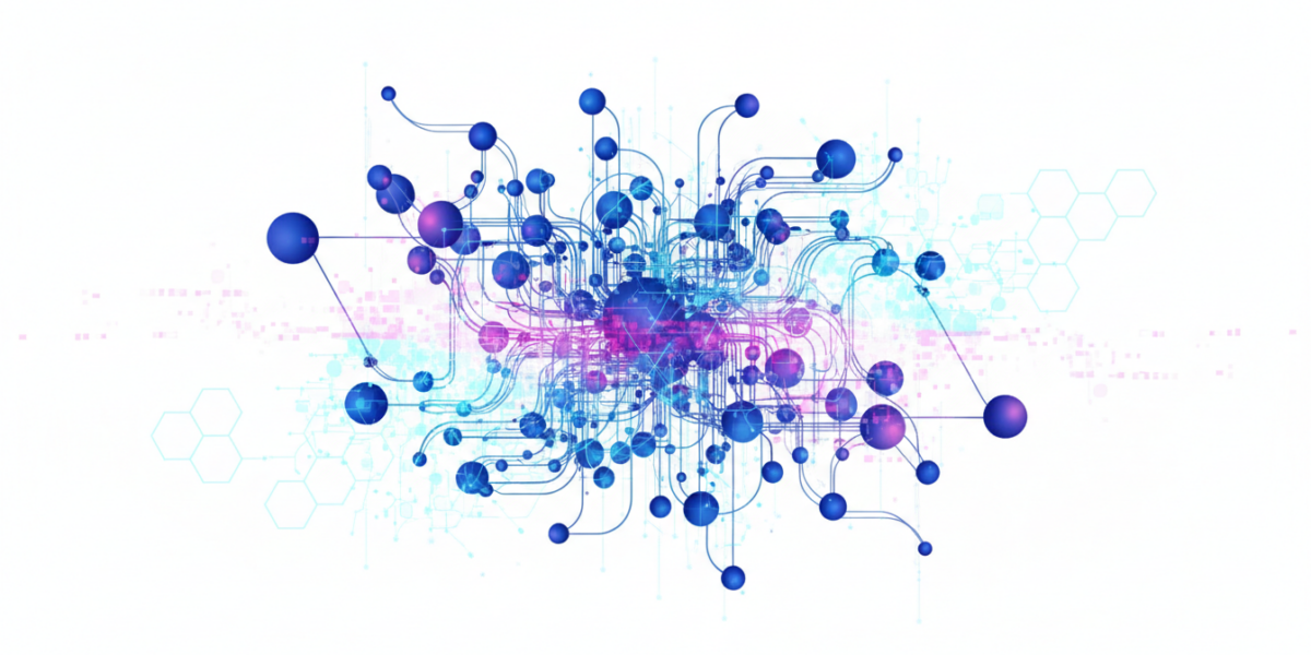 Knowledge graph network visualization with AI neural network overlay showing automated construction process