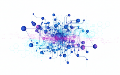 Knowledge graph network visualization with AI neural network overlay showing automated construction process