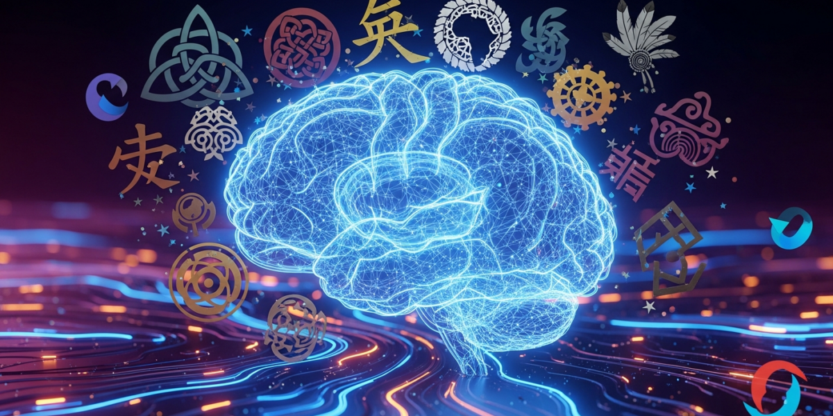 A stylized brain with glowing neural pathways struggles to interpret cultural symbols, representing LLM limitations in detecting culture-specific misinformation.