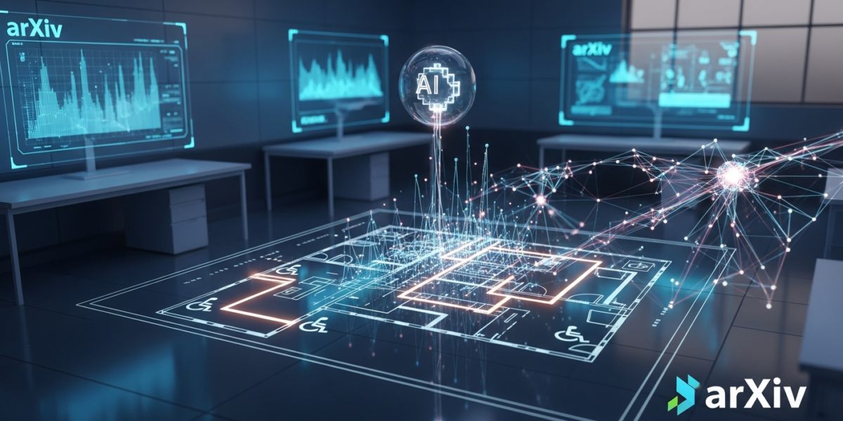 A stylized floor plan with glowing navigation paths, processed by an abstract AI agent in a futuristic lab, representing accessible indoor navigation.