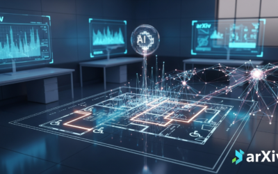 A stylized floor plan with glowing navigation paths, processed by an abstract AI agent in a futuristic lab, representing accessible indoor navigation.