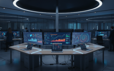 Modern research lab displaying social media analytics dashboards and AI model performance metrics on multiple screens