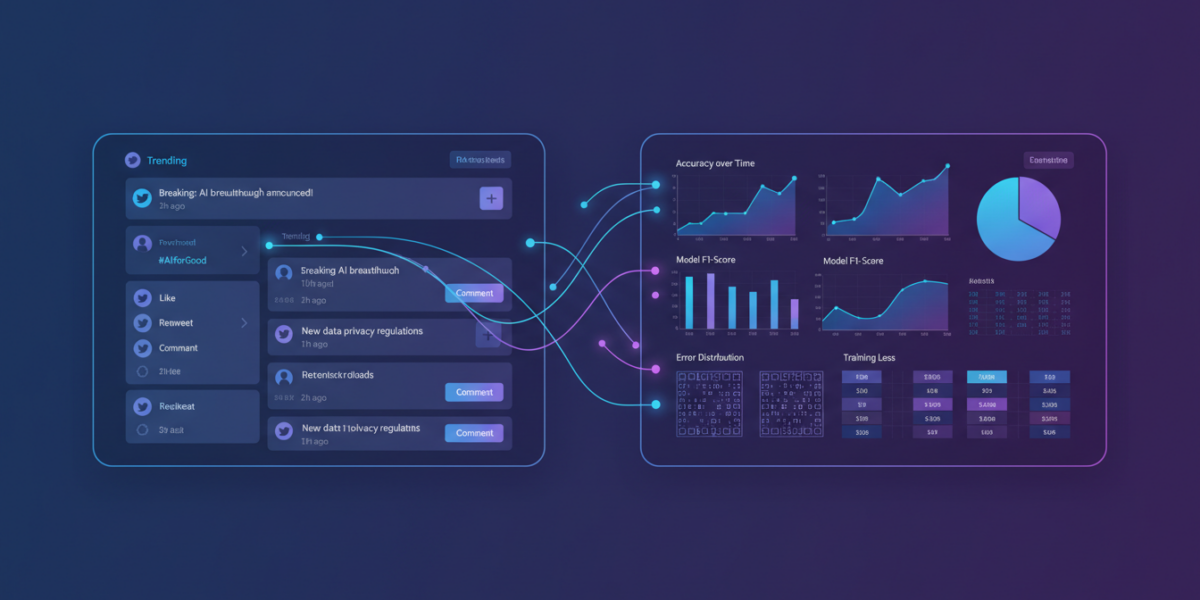 Social media analytics dashboard showing AI model performance evaluation across multiple platforms