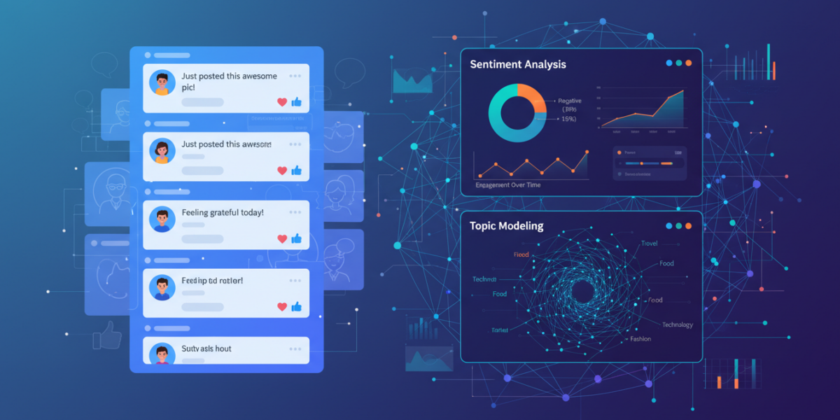 AI models analyzing social media posts with data visualization overlays