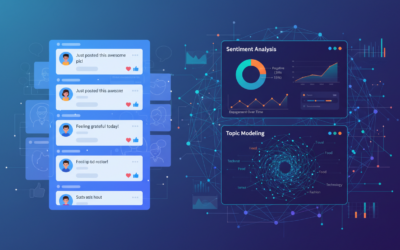 AI models analyzing social media posts with data visualization overlays