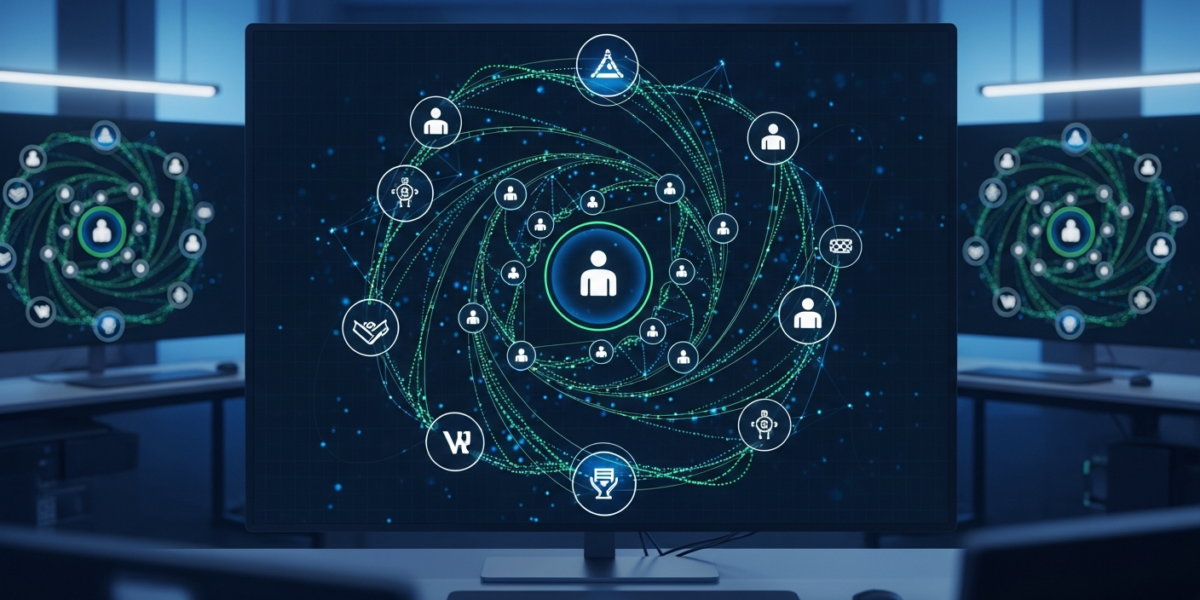 Network diagram showing interconnected AI models, users, and institutions in a modern research lab setting