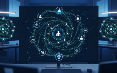 Network diagram showing interconnected AI models, users, and institutions in a modern research lab setting