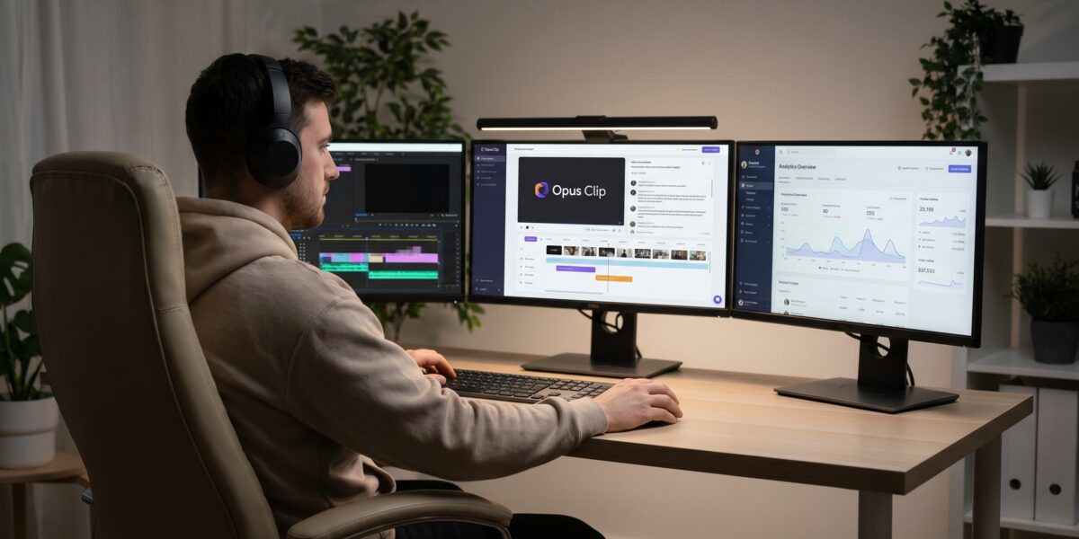 Content creator using Opus Clip AI video editing tool with multiple monitors showing social media analytics