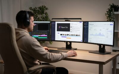Content creator using Opus Clip AI video editing tool with multiple monitors showing social media analytics
