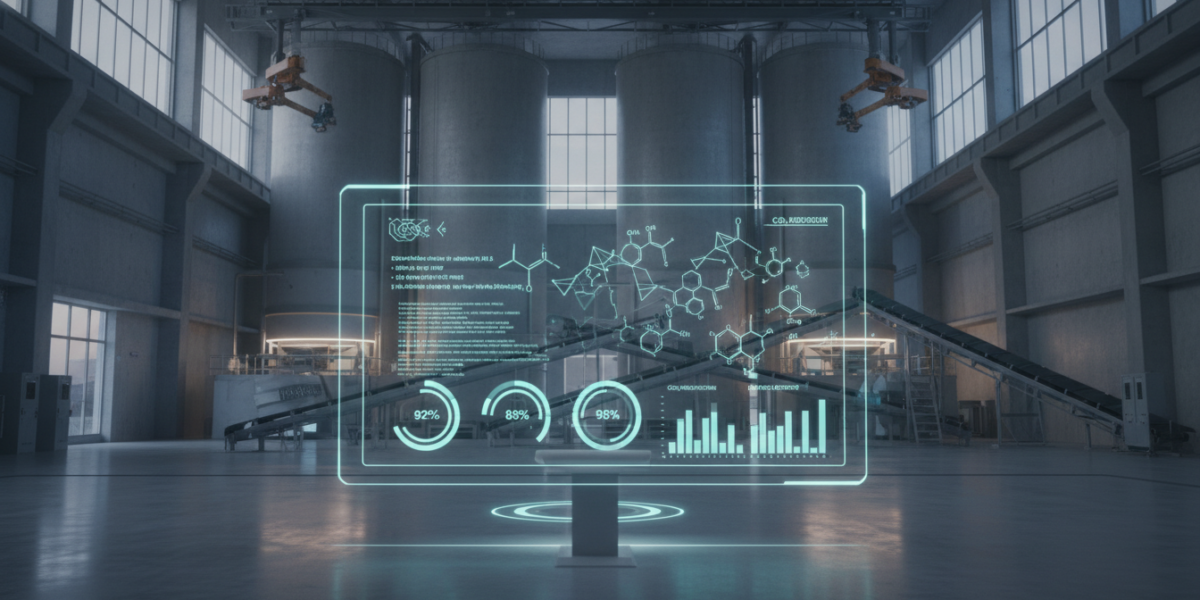 AI-optimized concrete production facility with digital interface showing sustainable mix formulas