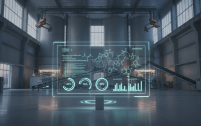 AI-optimized concrete production facility with digital interface showing sustainable mix formulas