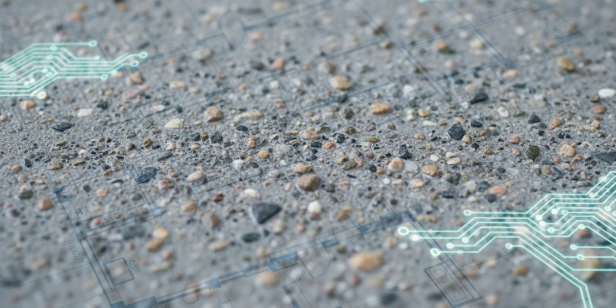 Close-up view of concrete with a faint overlay of digital circuit networks, representing AI-optimized material design.