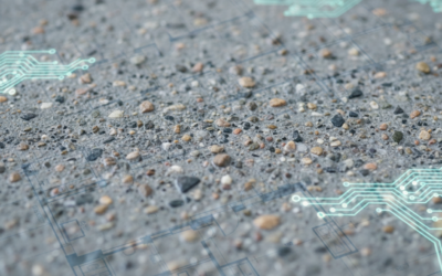 Close-up view of concrete with a faint overlay of digital circuit networks, representing AI-optimized material design.