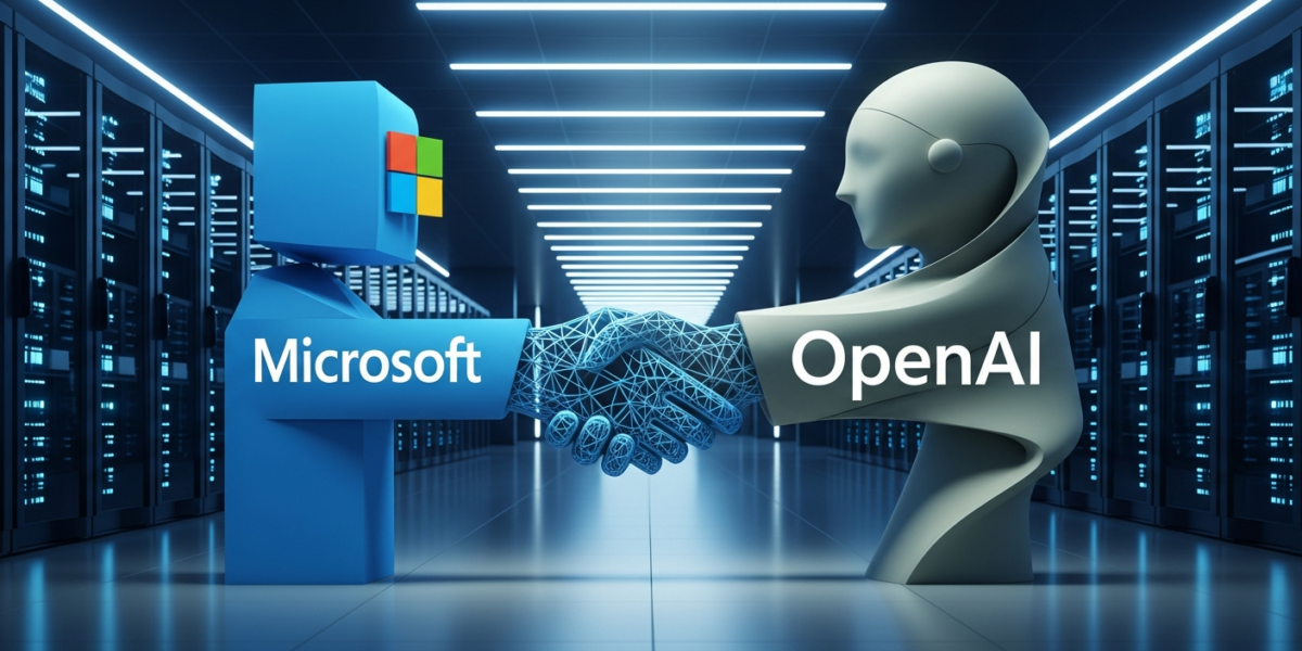 A stylized handshake between abstract corporate entities representing Microsoft and OpenAI in a futuristic data center.