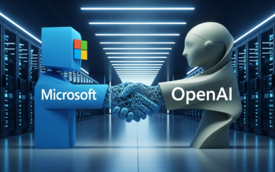A stylized handshake between abstract corporate entities representing Microsoft and OpenAI in a futuristic data center.